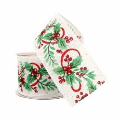 Outlet 🎉 2.5" x 20ft. Faux Linen Wired Holly & Mistletoe Ribbon by Celebrate It® 🎁 Christmas 🧨 -Christmas Shop 10696011 2
