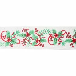 Outlet 🎉 2.5" x 20ft. Faux Linen Wired Holly & Mistletoe Ribbon by Celebrate It® 🎁 Christmas 🧨 -Christmas Shop 10696011 3