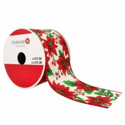 Discount ✨ 2.5" x 20ft. Wired Faux Linen Poinsettia Ribbon by Celebrate It® 🎅 Christmas 👏