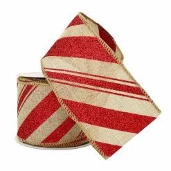Outlet 🛒 2.5" x 20ft. Faux Linen Wired Stripes Ribbon by Celebrate It™ 🎅 Christmas ✨ -Christmas Shop 10696094 2
