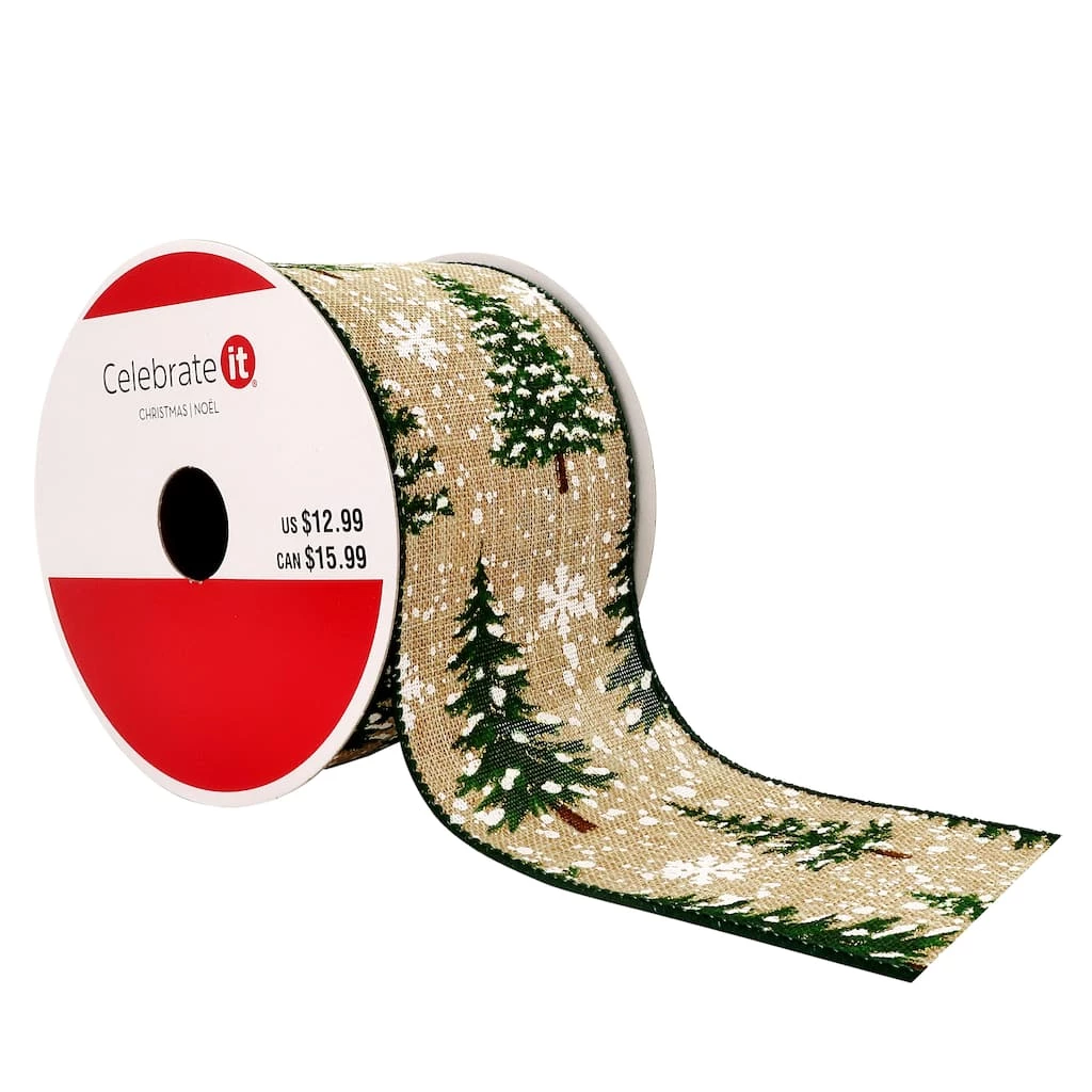 Wholesale β¨ 2.5" x 20ft. Faux Linen Wired Snow & Trees Ribbon by Celebrate It™ β Christmas π₯ 3 Wholesale β¨ 2.5" x 20ft. Faux Linen Wired Snow & Trees Ribbon by Celebrate It™ β Christmas π₯