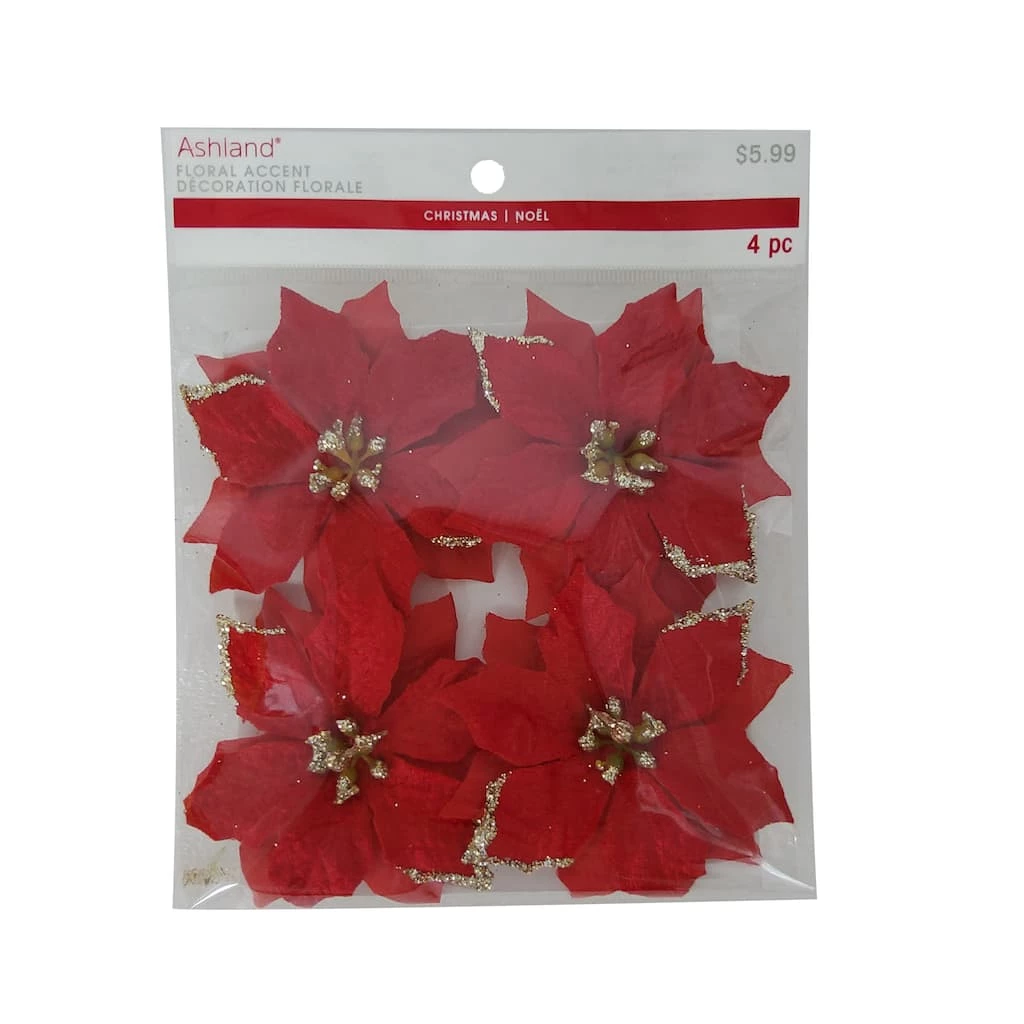 Cheapest 𧨠3.5" Red Poinsettia Accents with Glittery Gold Tips by Ashland®, 4ct. π₯° 3 Cheapest 𧨠3.5" Red Poinsettia Accents with Glittery Gold Tips by Ashland®, 4ct. π₯°