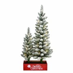 Flash Sale ✔️ 6 Pack: Pre-Lit Flocked Artificial 🎁 Christmas Tree Set in Red Box Planter, Warm White LED Lights by Puleo International 🛒