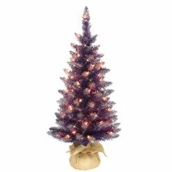 Coupon 🌟 6 Pack: 3ft. Pre-Lit Flocked Purple Artificial 🎅 Christmas Tree in Burlap Base, Clear Lights by Puleo International 🔥