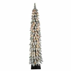 Cheapest 🧨 6 Pack: 5ft. Flocked Pencil Alpine Artificial 🎅 Christmas Tree, Clear Lights by Puleo International 🤩
