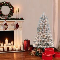 Flash Sale 👍 6 Pack: 4.5ft. Pre-Lit Flocked Virginia Pine Artificial 🎁 Christmas Tree, Clear Lights by Puleo International 😍 -Christmas Shop D393379S 3