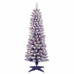 Cheapest 🛒 6 Pack: 4.5ft. Pre-Lit Flocked Fashion Purple Pencil Artificial 🎄 Christmas Tree, Clear Lights by Puleo International 💯