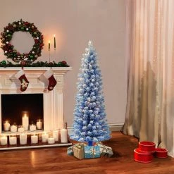Hot Sale 🥰 6 Pack: 4.5ft. Pre-Lit Flocked Fashion Blue Pencil Artificial 🔔 Christmas Tree, Clear Lights by Puleo International 🔥 -Christmas Shop D393489S 3