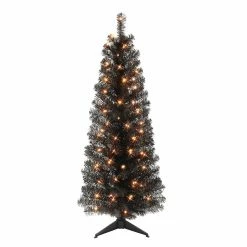 Cheap 🎁 6 Pack: 4.5ft. Pre-Lit Black Tinsel Artificial 🎁 Christmas Tree, Clear Lights by Puleo International ❤️