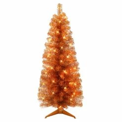 Cheap 😀 6 Pack: 4.5ft. Pre-Lit Orange Tinsel Artificial 🎅 Christmas Tree, Clear Lights by Puleo International 💯