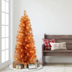 Cheap 😀 6 Pack: 4.5ft. Pre-Lit Orange Tinsel Artificial 🎅 Christmas Tree, Clear Lights by Puleo International 💯 -Christmas Shop D659625S 3