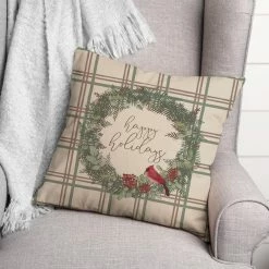 Budget 🛒 Happy Holidays Plaid Square Throw Pillow by Designs Direct 👏 -Christmas Shop D679562S 3